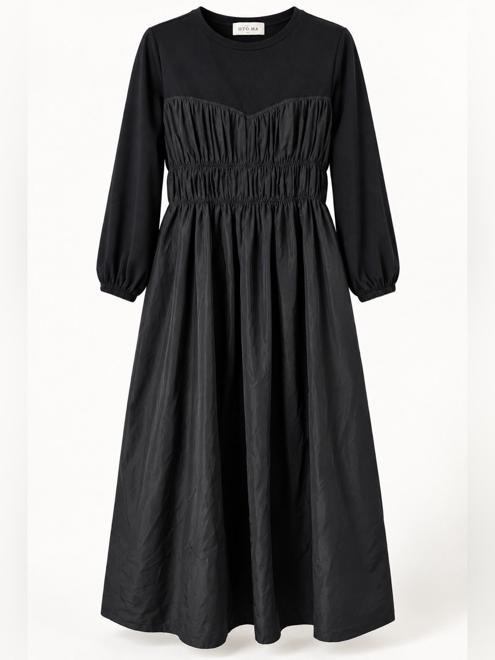 PLUS OTO.HA Black Maxi Dress One Size Smocked Mixed Media Japanese Designer